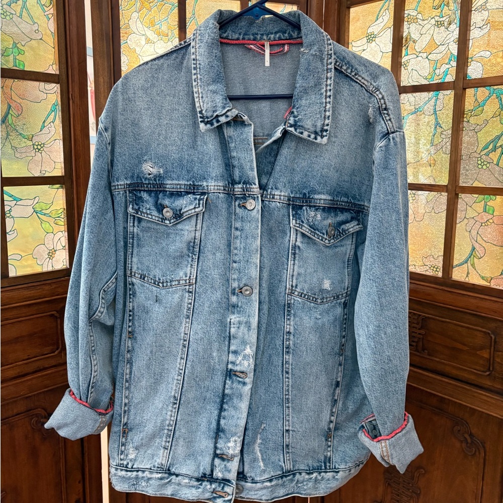 NWOT Free People Distressed Denim Jacket Sz L